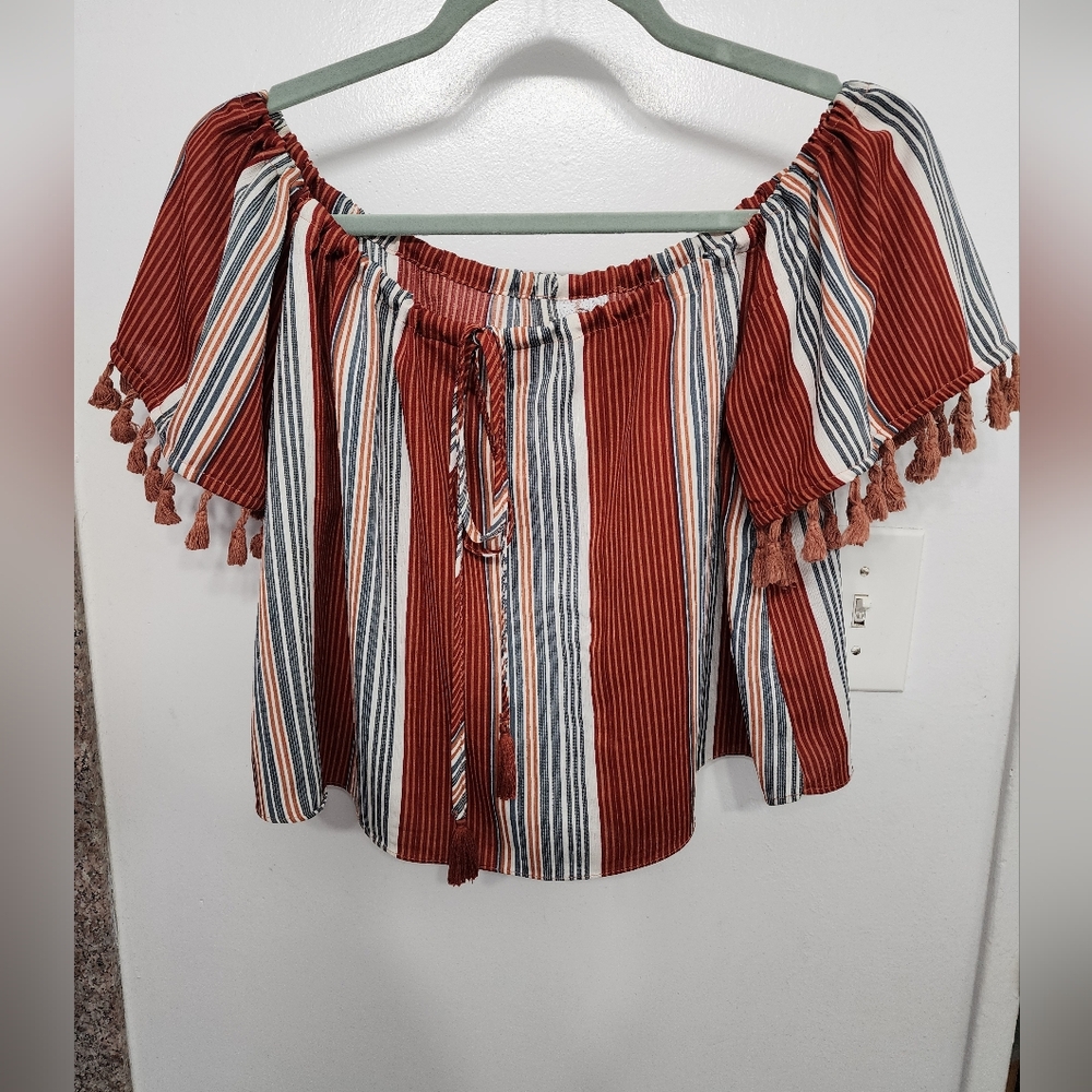 Sadie & Sage‎ By Anthropologie Striped Off-Shoulder Top with Tassels
